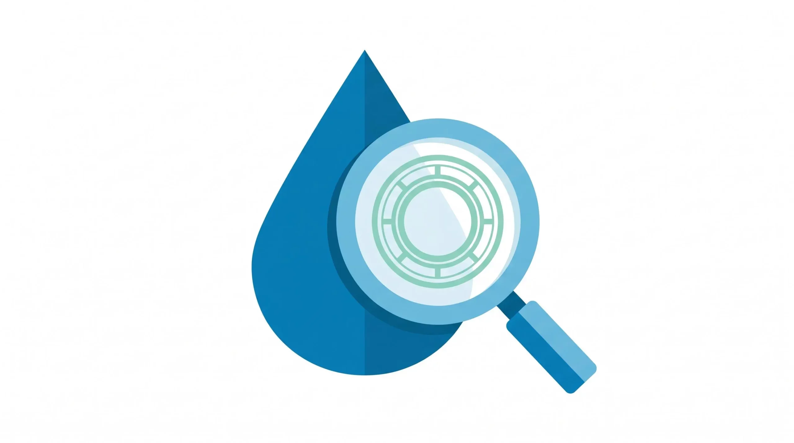 Icône en design plat représentant une goutte d'eau bleue avec une loupe examinant un joint d'étanchéité circulaire, symbolisant la vérification minutieuse avant immersion