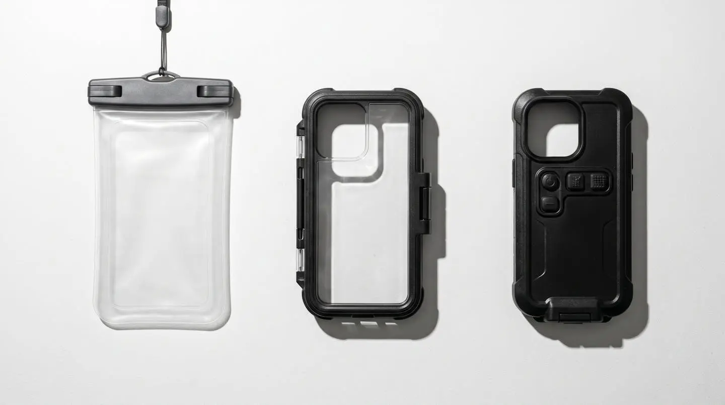 Photographie en studio de trois types de caissons étanches pour smartphone alignés sur fond blanc : caisson souple transparent à gauche, caisson rigide universel en polycarbonate au centre, caisson rigide moulé avec boutons mécaniques à droite