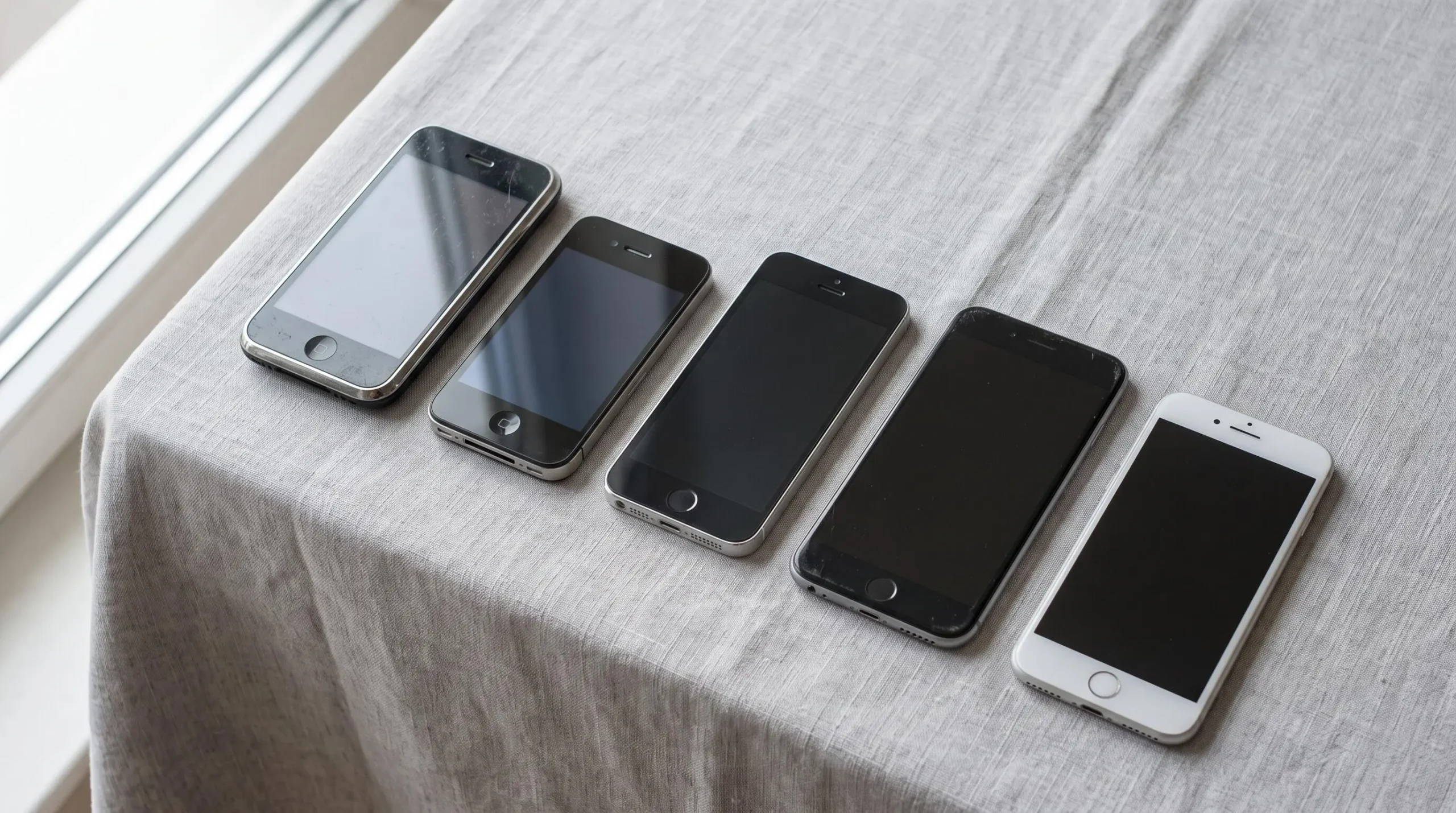 Plusieurs générations d'iPhone sont alignées côte à côte sur une surface claire, montrant l'évolution de leur design.