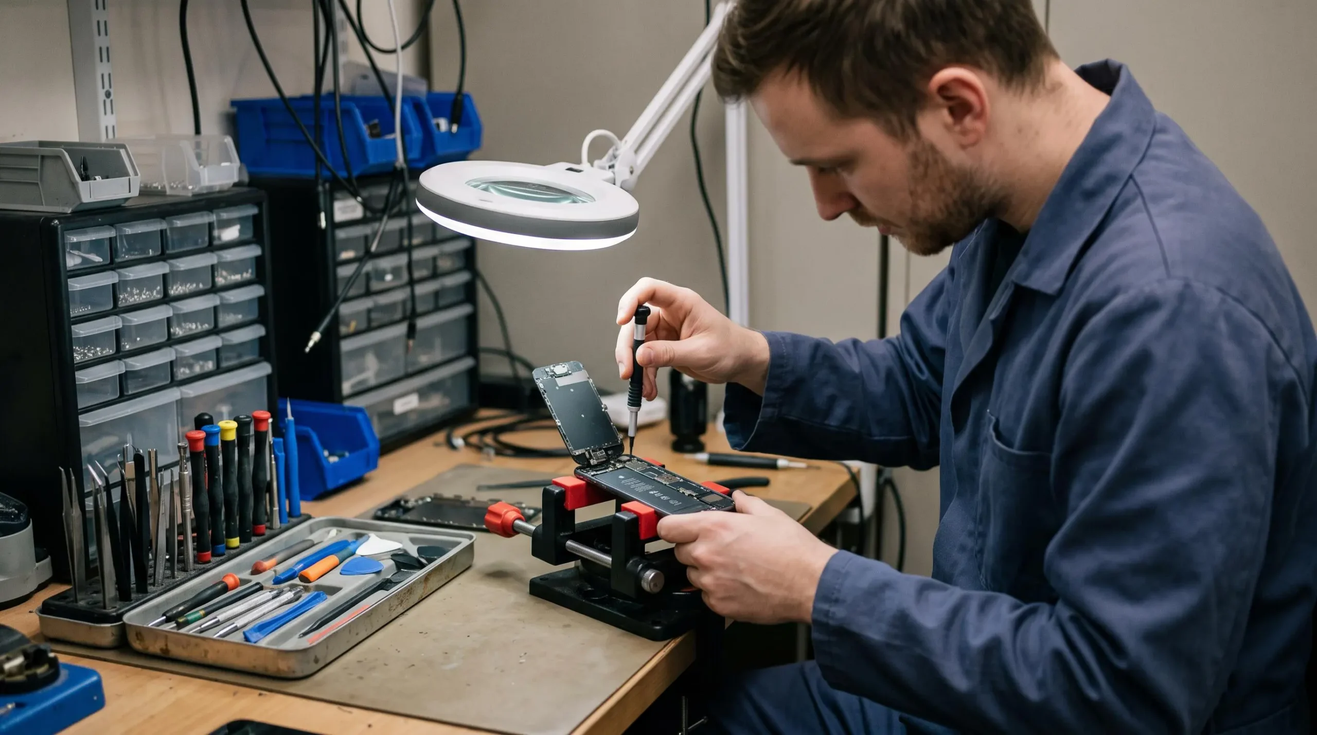 Un technicien dévise le panneau arrière d'un iPhone à l'aide d'un tournevis de précision sur un établi de réparation.
